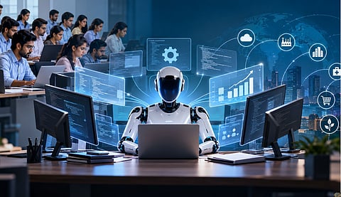 A futuristic AI-powered robot working on multiple computer screens, symbolising artificial intelligence transforming IT jobs, boosting productivity and reshaping the global workforce through automation.