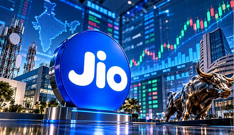 Jio logo prominently displayed against a dynamic stock market trading background featuring rising candlestick charts, a bullish market statue, telecom towers and digital financial screens, symbolising Jio’s share market performance and investor optimism.