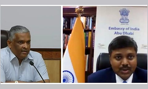  യുഎഇയിലേയ്ക്കും മറ്റ് ഗള്ഫ് രാജ്യങ്ങളിലേയ്ക്കുമുള്ള സുഗന്ധവ്യഞ്ജന കയറ്റുമതി വര്ധിപ്പിക്കാന് ലക്ഷ്യമിട്ട് സ്പൈസസ് ബോര്ഡും അബുദബിയിലെ ഇന്ത്യന് എംബസിയും സംഘടിപ്പിച്ച ആഗോള ബയര്-സെല്ലര് സംഗമത്തില് സ്പൈസസ് ബോര്ഡ് സെക്രട്ടറി ഡി സത്യന് ഐഎഫ്എസ്, അബുദബി ഇന്ത്യന് എംബസിയിലെ ഡെപ്യൂട്ടി ചീഫ് ഓഫ് മിഷന് സന്ദീപ് കുമാര് ബയ്യപ്പു ഐഎഫ്എസ് എന്നിവര്