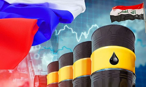 Russian Flag, Crude Barrels, Iraqi Flag