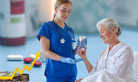 Dollar up, Medicines, Nurse gives medicine to Patient lady