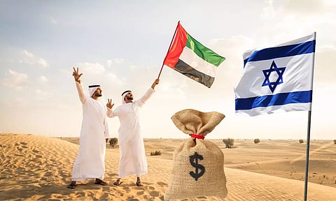 Israel Flag, 2 men with UAE Flag, Dollar sack