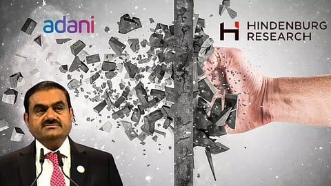 Gautam Adani, Adani Group and Hindenburg logo, a fist