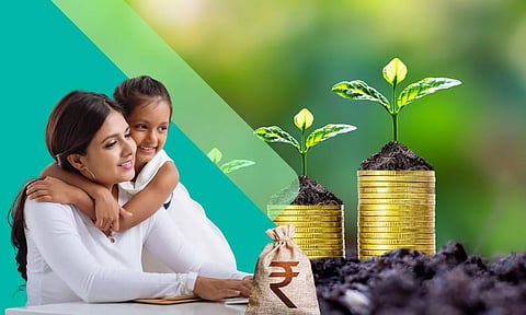 Mother and daughter, Rupee sack and coins