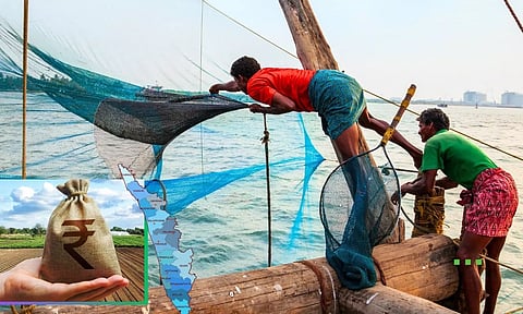 Kerala fishermen, Indian Rupee sack, Kerala Map