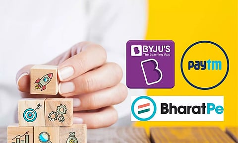 Logos of Byjus, Paytm, Bharatpe
