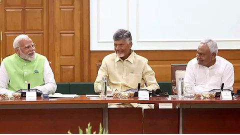 Prime Minister Narendra Modi with key allies TDP chief N Chandrababu Naidu, JD(U) chief Nitish Kumar