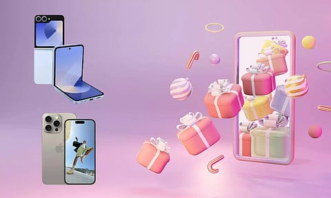 image of a unknown mobile phone with gift icon and samsung flip and apple iphone