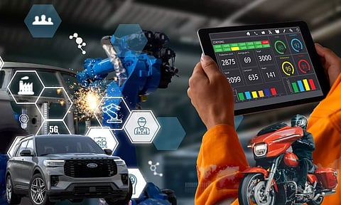 ford explorer car, harley davidson street glide , a person holding tablet computer, image showing growth