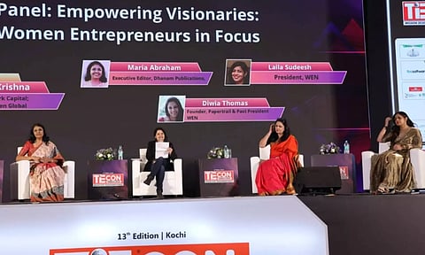 Maria Abraham, Executive Editor of Dhanam Publications; Laila Sudheesh, Chair of the women's entrepreneurial series WEN; Divya Thomas, founder of Paper Trail; and Revathi Krishna, Co-Chair of the TiE Women Global Committee, shared their insights during a panel discussion at TiEcon