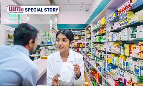 indian medical store representational image, a lady pharmacy assistant talking to a customer , dhanam special story logo