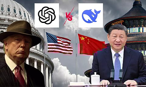 us president donald trump chinese president xi jinping logos of chatgpt and deepseek