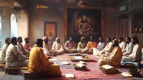 Illustration of Maratha Sanskrit scholars working together