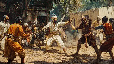 Illustration showing Murshid Quli Khan's men beating villagers