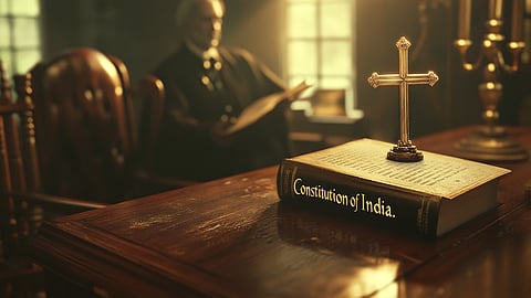 Illustration of a Jesuit reading the Indian Constitution