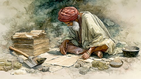 Illustration of a Scholar of Indian History working on the Field