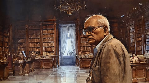 Illustration of Bhyrappa in a library
