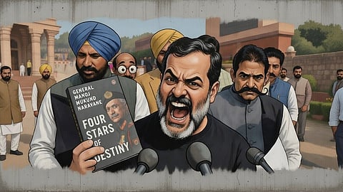 Illustration showing Rahul Gandhi Waving General Naravane's Memoir