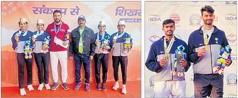 LEFT: The Karnataka 4x400m relay squad members – (from left) Prajna K, Jyothika, Aiyappa (coach), Udaya Kumar (coach), Arpitha EB, Deekshita Gowda – pose with their silver medals at the 38th National Games in Dehradun on Monday.RIGHT: SD Prajwal Dev (left) and Niki Kaliyanda Poonacha claimed the men’s doubles tennis title at the National Games on Monday.