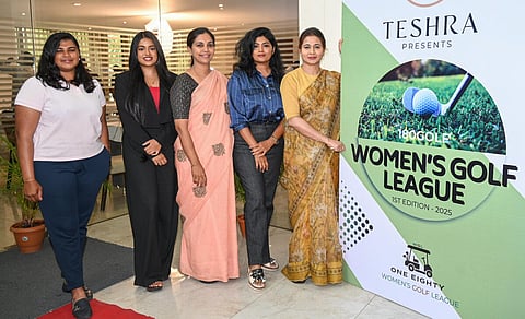 Rashmi Ravikiran, (extreme right) Chairperson East West Group of Institutions launches the logo of Women Golf League press conference at One Eighty Women’s Golf League by 180Golf at Bangalore Golf Club in Bengaluru on Monday, 10th March 2025. (from left) Tanisha Rohira, Samruthi Sujesh, Anjali Santhosh and Hema Priya, founders of 180 Golf are seen.