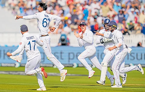 Shoaib Bashir (second from left) is over the moon after dismissing India’s last man Mohammed Siraj to signal England’s win in the third Test at Lord’s on Monday.