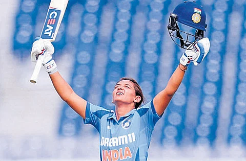 Harmanpreet Kaur scored an 84-ball 102 in India’s third ODI against England in Chester-Le-Street on Tuesday.