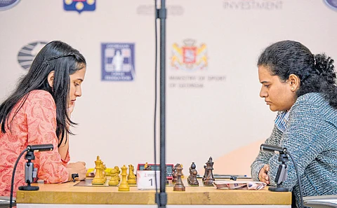 Divya Deshmukh (left) and Koneru Humpy during the tie-break of the Chess Women’s World Cup final in Batumi, Georgia, on Monday.