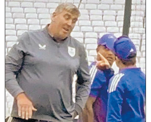 Indian team’s Head Coach Gautam Gambhir gestures in anger at The Oval chief curator Lee Fortis (left) on Tuesday.