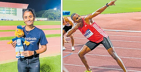 Karnataka’s Vijayakumari (left) clinched gold in the 400m race while Animesh Kujur topped the podium in the 200m event at the World Athletics Continental Tour competition in Bhubaneswar on Sunday.