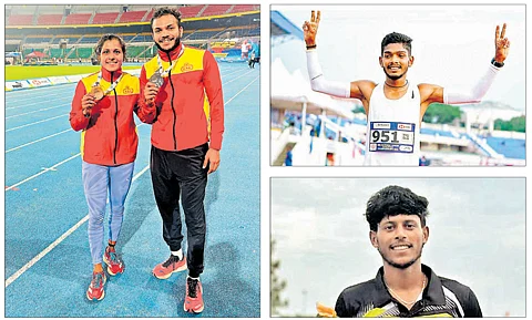 Karnataka’s Sneha SS (left, women’s 100m bronze) and Manikanta Hoblidar (men’s 100m silver) show off their spoils on the opening day of the National Inter-State meet. Karnataka’s Shivaji Parashu (top right) won silver in the men’s 10000m earlier in the day in Chennai. Tamil Nadu’s Tamil Arasu clinched the men’s 100m gold.