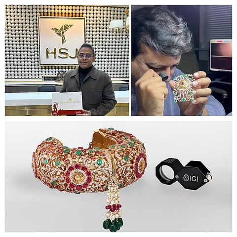 Left to right: Ankur Anand, Director Harsahaimal Shiamlal Jeweller (HSJ) holding IGI signature report and IGI Sr. Gemologists certifying the jewellery