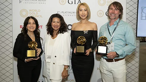 The Jose Hess Design Awards, held June 7, honored six jewelry designers. From left: Penny Preville, Maggie Hess, Stella Song, and Benjamin King.