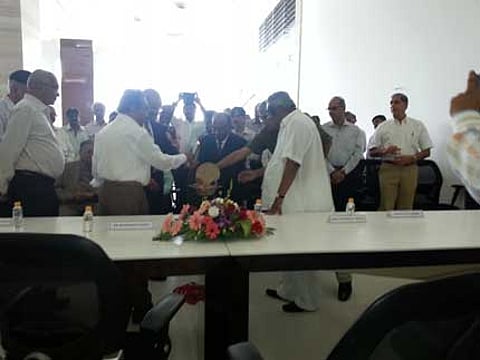 Auspicious lamp lighting; seen here (L to R) Arun Mehta from Rosy Blue; Dr. Ramakant Panda from Asian Heart Institute; Col. D K Bhandari; Sanjay Kothari and Ketan Parikh