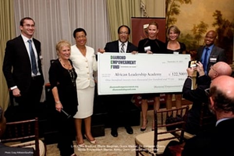 (l to r) Chris Bradford, co-founder, African Leadership Academy; Phyllis Bergman, president Diamond Empowerment Fund board, CEO Mercury Ring; Graça Machel, founder, Graça Machel Trust; Dr. Benjamin Chavis, co-founder, Diamond Empowerment Fund; Nicola Breytenbach-Steiner, board member and Angel Ambassador for Diamond Empowerment Fund, actress and philanthropist; Nancy Orem Lyman, Executive Director, Diamond Empowerment Fund; Fred Swaniker, co-founder, African Leadership Academy (Photo credit: ‘Craig Williston/Qool Foto”)