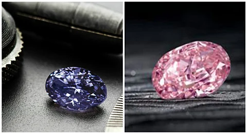 (l) The Argyle Violet is among the rarest diamonds ever found. At 2.83 carats, it is almost impossibly large for a violet diamond and is the largest ever from Australia. (r)The Juliet Pink is a 30+ carat Fancy Intense Pink diamond. Its intense color grade, lack of inclusions, and size make it exceptionally rare.