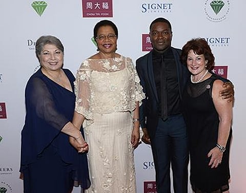 DEF President Anna Martin with Diamonds Do Good Honorees Her Excellency Graca Machel, Actor and Social Justice Advocate David Oyelowo, Helzberg Diamonds CEO Beryl Raff