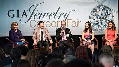 The opening panel at last year’s Jewelry Career Fair, “Job Success in Today’s Market.” L to R: Susan Jacques, GIA’s president and CEO; Martin Katz, founder and CEO of Martin Katz, Ltd.; Mark Smelzer, publisher of JCK magazine and JCKonline.com; Melanie Goldfiner of Rahaminov Diamonds Inc.; and Mary Todd-McGinnis, vice president of sales for Ben Bridge Jeweler. Photo by Kevin Schumacher/GIA