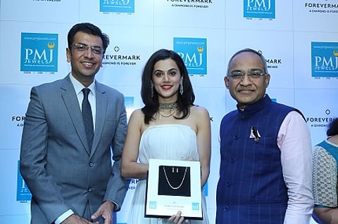 Sachin Jain, President Forevermark India, Taapsee Pannu and Kushal Jain at the launch of Forevermark at PMJ Jewels in Hyderabad