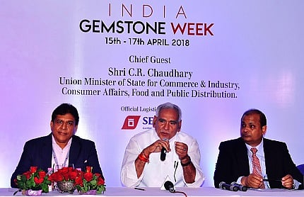 From (L)to (R ): Shri Dilip Shah, Convener-International Exhibition, GJEPC, Shri. CR Chaudhary, Union Minister of State for Commerce and Industry, Consumer Affairs, Food and Public Distribution, Shri  Pramod Kumar Agarwal, Chairman, GJEPC at India Gemstone Week, Jaipur