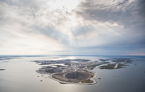 Aerial view of the Diavik mine in summer. The mine is located on an island surrounded by the waters of Lac de Gras