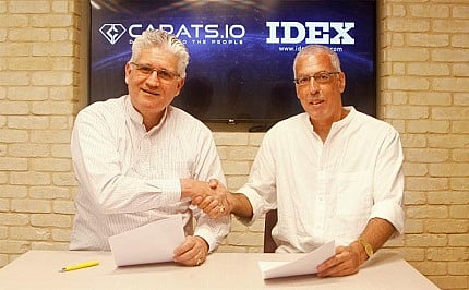 Eli Avidar (left) President of Carats.io, and Ehud D. Cohen, Chairman of IDEX - International Diamond Exchange, following the signing of the MOU between the two companies, signaling the start of their cooperation agreement.