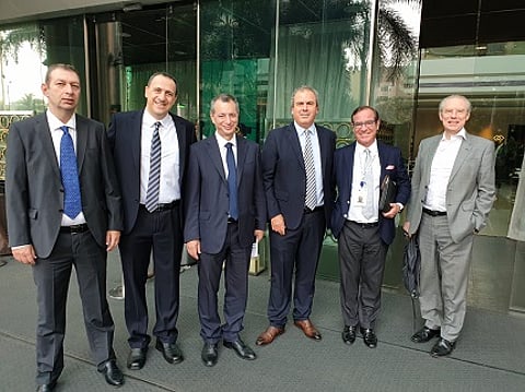 At World Diamond Congress in Mumbai last week, right to left: Stephane Fischler, President WDC; Peter Meeus, Chair, World Diamond Mark; Yoram Dvash, IDE President; Adv. Shmuel Iny, IDE Legal Counsel; Eran Zini, IDE MD; Boaz Moldawsky, Israel Diamond Institute Chairman