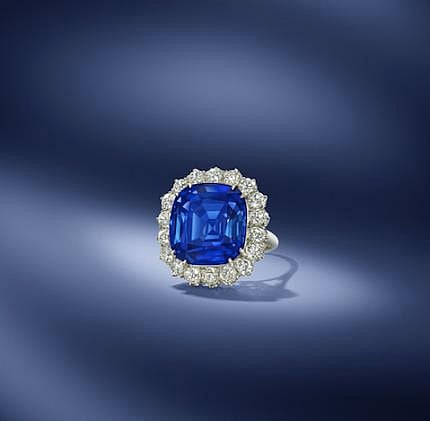 A magnificent 17.43 Carat Kashmir Sapphire ring. Sold for £723,062 ($53,956 price per carat).