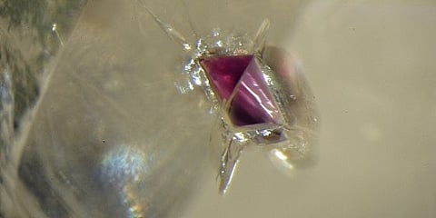 A tiny inclusion of lherzolitic garnet inside a diamond collected from the De Beers Group Victor Mine in Ontario. New research revealed lherzolite is a source rock for diamond formation—a discovery that could eventually help geologists find valuable deposits around the world. Credit: Anetta Banas