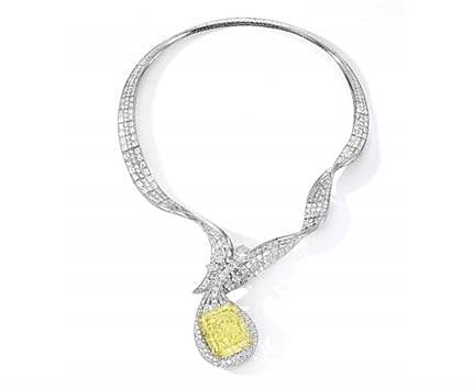 The Dunhuang Pipa Necklace Designed and mounted by Anna Hu Set With a 100.02-carat Fancy Intense Yellow Diamond Est. HK$40-50 million / US$5-6.25 million