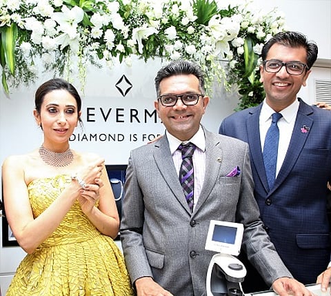 Filmstar Karisma Kapoor, Mr. Bhavin Jakhia, Director, OM Jewellers and Mr. Sachin Jain, President, Forevermark India at the launch of Forevermark's festive colletion at Om Jewellers