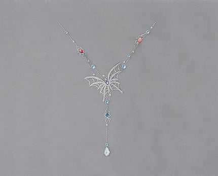 Yi-Hsuan Chiang’s winning design for the 2019 Gianmaria Buccellati Foundation Award for Excellence in Jewelry Design features amethyst, diamond, moonstone, conch pearls, coral, black opal and baroque pearl. Photo by Emily Lane/GIA.