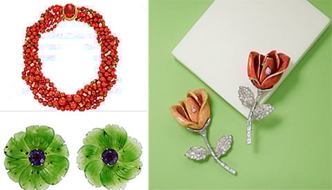 Top left - David Webb Coral Necklace, Bottom Left - Paloma Picassio for Tiffany & Co. Nephrite & Amethyst earrings, Right - Boucheron, Diamond and Enamel Flower Brooches