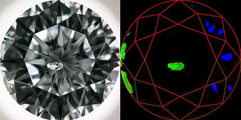 The left image, captured using GIA-developed hardware, trains IBM Research’s artificial intelligence (AI) software to recognize inclusions and reflections. In the right image, the AI system has correctly identified the clarity characteristics, enabling the AI system to assign a clarity grade. © GIA