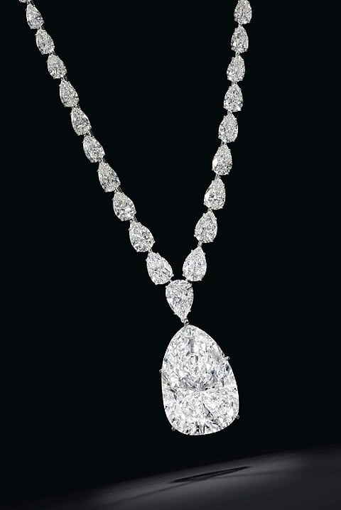 A sensational diamond necklace with pear shaped 115.83 ct diamond sells for $6,290,500 at Christie's auction